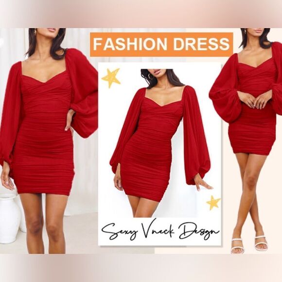 ANRABESS Sexy V Neck Ruched Bodycon Mini Dress Puff Long Sleeve Cocktail - Picture 1 of 12